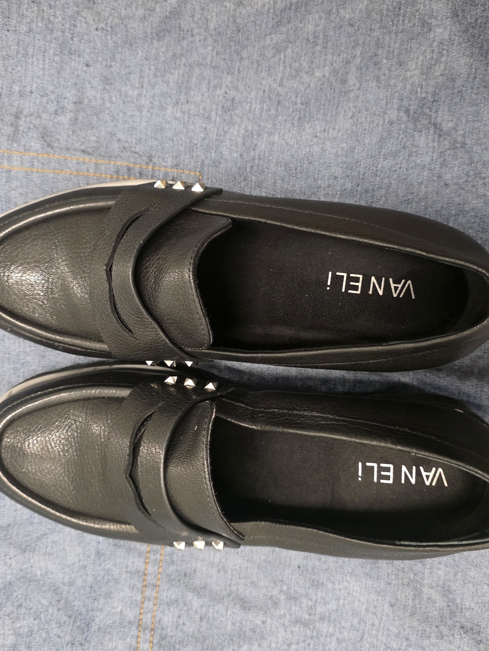 Vaneli Black Leather Loafers with Silver Stud Accents